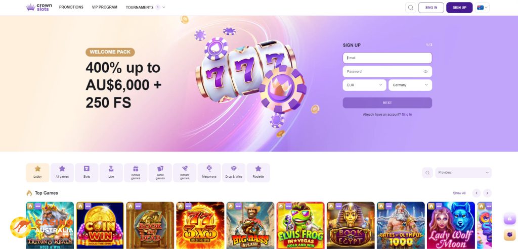 CrownSlots Casino homepage interface and games lobby