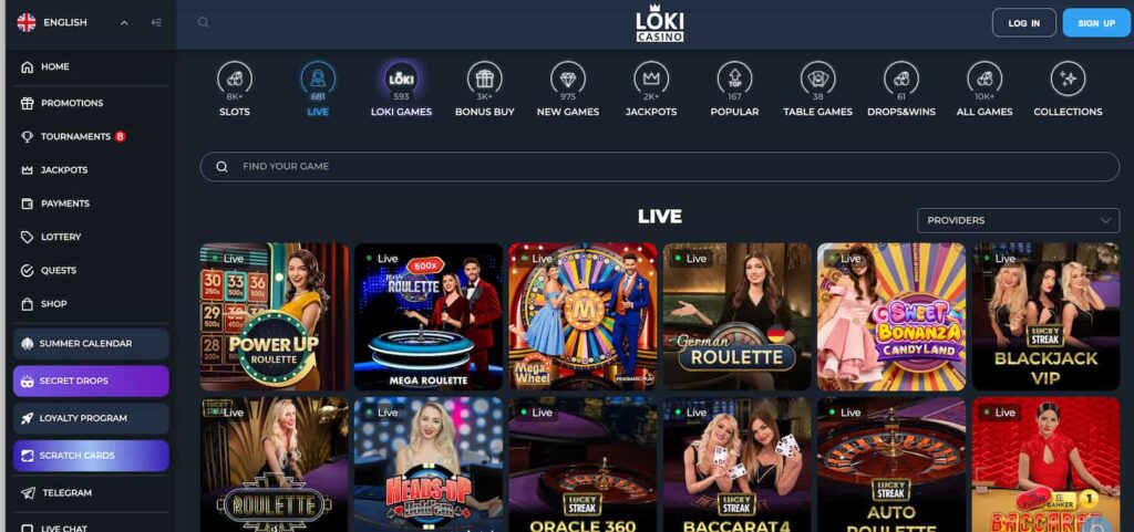 Loki Casino homepage interface and online casino games lobby