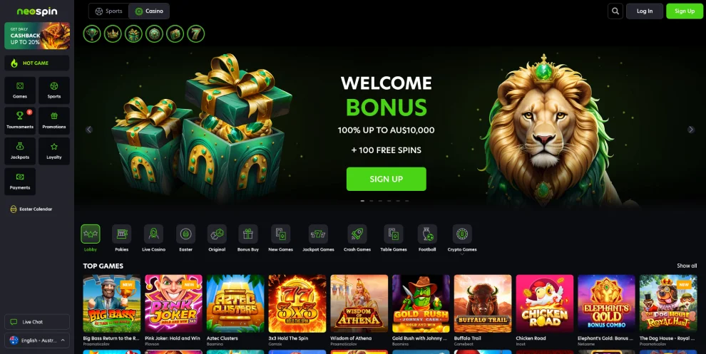 Neospin Casino homepage interface and games lobby