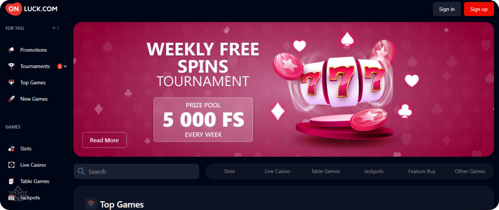 OnLuck Casino homepage interface and online casino games lobby